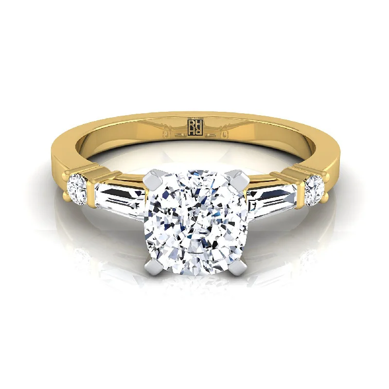 men’s engagement rings with diamond bands and sapphires-14K Yellow Gold Cushion Diamond Simple Baguette and Round Solitaire Engagement Ring -1/4ctw