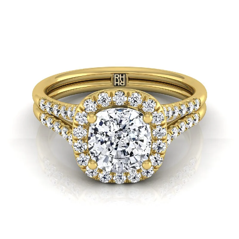 women’s rings with diamond pave settings and sapphires-14K Yellow Gold Cushion French Pave Split Shank Halo Engagement Ring -3/8ctw