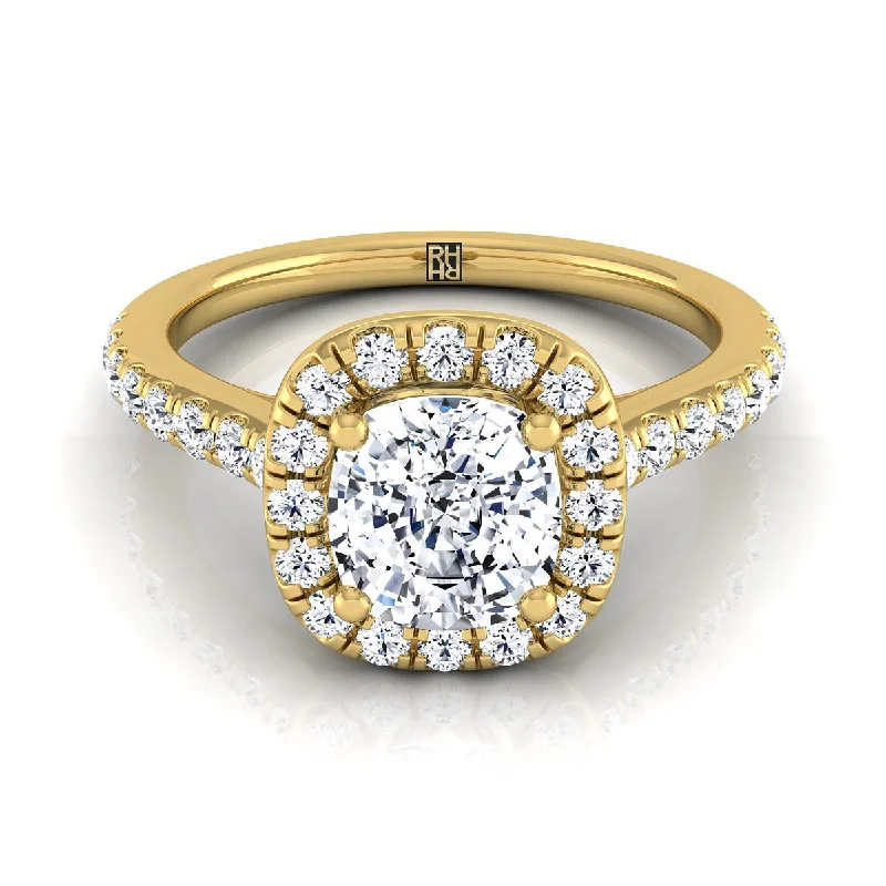 men’s rings with black sapphires and diamond pave settings-14K Yellow Gold Cushion Diamond Classic Pave Halo Cathedral Style Engagement Ring -1/2ctw