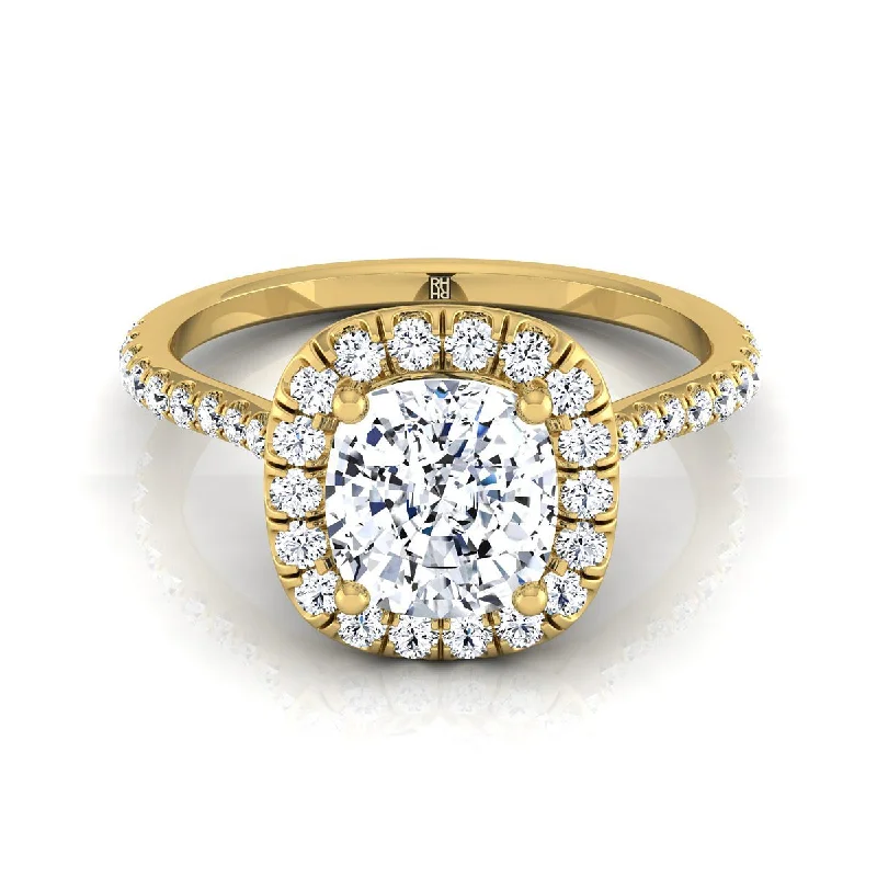 men’s rings with diamonds, emeralds, and rubies-14K Yellow Gold Cushion Diamond Shared Prong Halo Engagement Ring -3/8ctw