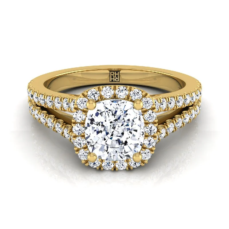 engagement rings with emerald-cut diamonds and sapphire halos-14K Yellow Gold Cushion Diamond Halo Center with French Pave Split Shank Engagement Ring -3/8ctw