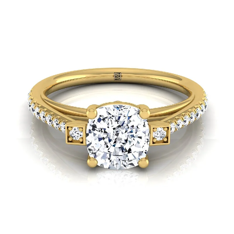 men’s rings with square sapphires and diamond pave-14K Yellow Gold Cushion Diamond Delicate Three Stone Pave Engagement Ring -1/3ctw