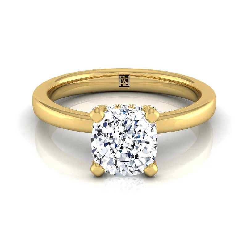 men’s wedding rings with hammered textures and diamonds-14K Yellow Gold Cushion Diamond Adorned Claws and Secret Halo Solitaire Engagement Ring -1/10ctw