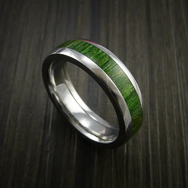 men’s wedding rings with diamonds and carbon fiber inlays-Damascus Steel Men's Ring Inlaid with Jade Hard Wood Custom Made