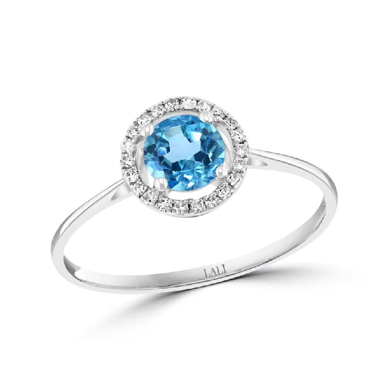 women’s wedding rings with round sapphires and diamond bands-December Birthstone Rings: 14K White Gold Diamond And Swiss Blue Topaz Halo Ring