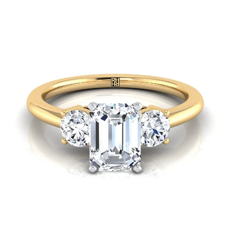 women’s wedding rings with diamonds and emerald halos-14K Yellow Gold Emerald Cut Diamond Perfectly Matched Round Three Stone Diamond Engagement Ring -1/4ctw