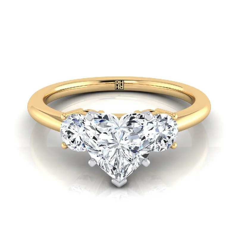 men’s engagement rings with square sapphires and diamonds-14K Yellow Gold Heart Shape Center Diamond Perfectly Matched Round Three Stone Diamond Engagement Ring -1/4ctw