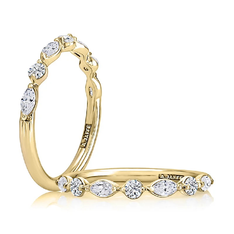 women’s wedding bands with pave diamonds and rubies-14K Yellow Gold Alternating Marquise and Round Shape Diamond Band