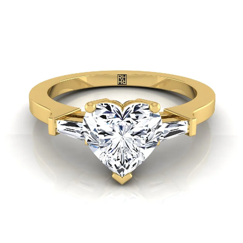 women’s wedding rings with cushion-cut sapphires and diamonds-14K Yellow Gold Heart Shape Center Diamond Tapered Baguette Accent Engagement Ring -1/4ctw