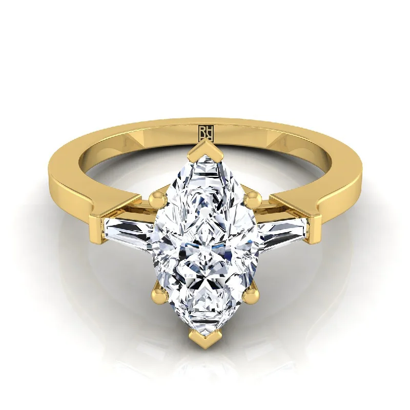 men’s rings with emerald-cut diamonds and sapphire inlays-14K Yellow Gold Marquise  Diamond Tapered Baguette Accent Engagement Ring -1/4ctw