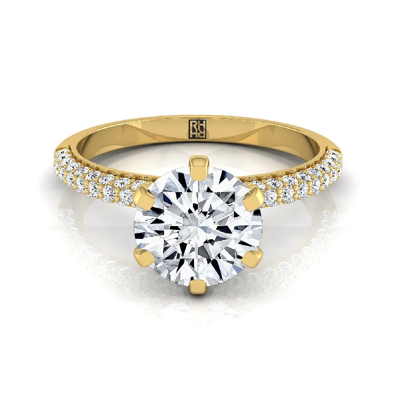 men’s rings with sapphires and diamonds in intricate designs-14K Yellow Gold Round Brilliant Diamond Three Row French Pave Simple Engagement Ring -1/3ctw