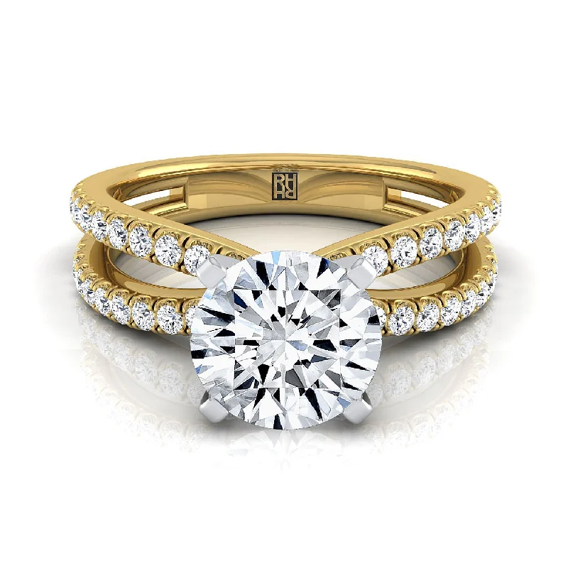 engagement rings with round sapphires and diamonds for men-14K Yellow Gold Round Brilliant Diamond Two Row Pavé Split Shank Engagement Ring -1/3ctw