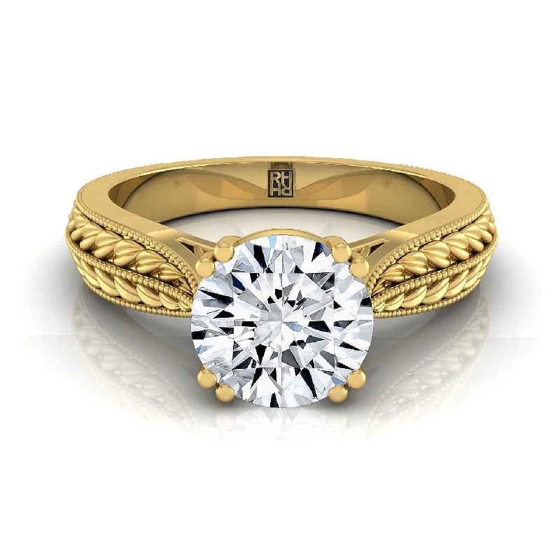 women’s rings with square diamonds and sapphire halos-14K Yellow Gold Round Brilliant Antique Wheat and Bead Pinched Solitaire Engagement RIng