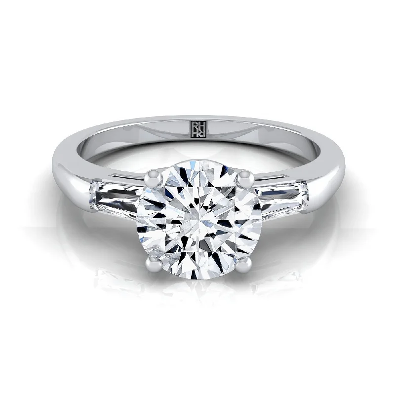 women’s engagement rings with princess-cut diamonds-14K White Gold Round Brilliant Diamond Three Stone Tapered Baguette Engagement Ring -1/5ctw