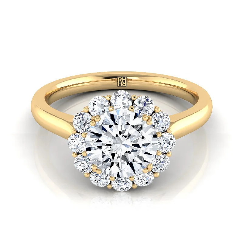 women’s rings with large emerald-cut diamonds and sapphires-14K Yellow Gold Round Brilliant Diamond Floral Halo Engagement Ring -1/3ctw