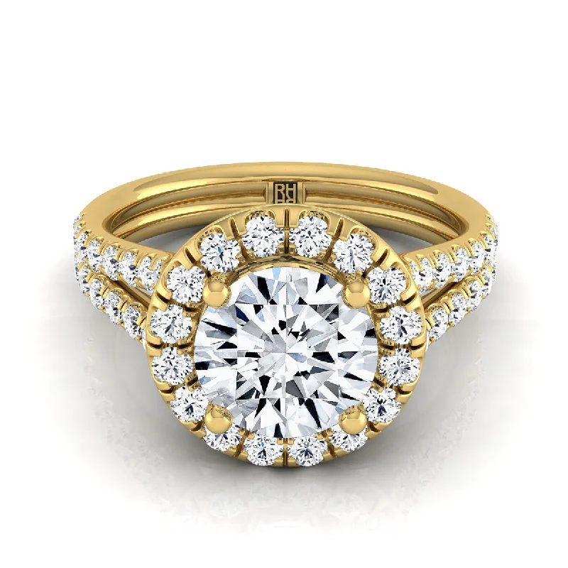 engagement rings with cushion-cut diamonds and gold bands-14K Yellow Gold Round Brilliant Diamond French Pave Split Shank Halo Engagement Ring -5/8ctw