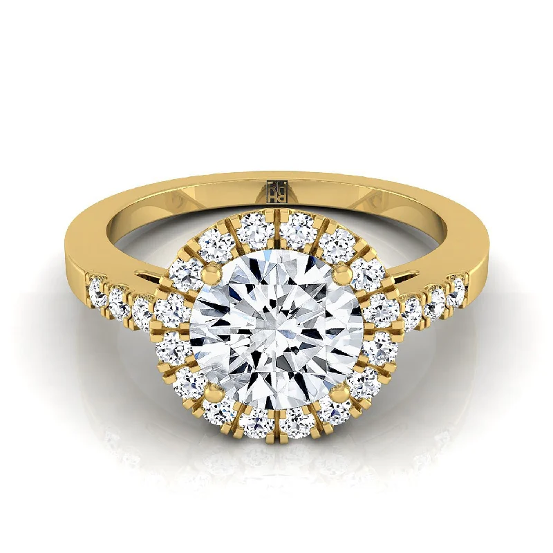 custom-designed wedding rings with diamond pave settings-14K Yellow Gold Round Brilliant Diamond Horizontal Fancy East West Halo Engagement Ring -1/3ctw