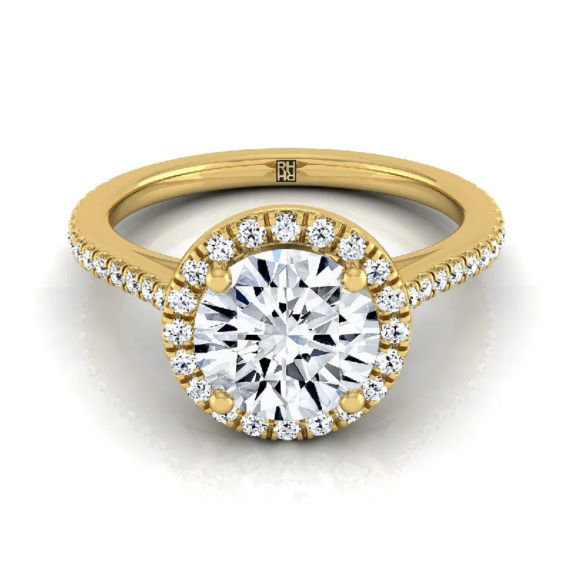 engagement rings with radiant diamonds and sapphire accents-14K Yellow Gold Round Brilliant Classic French Pave Halo and Linear Engagement Ring -1/4ctw