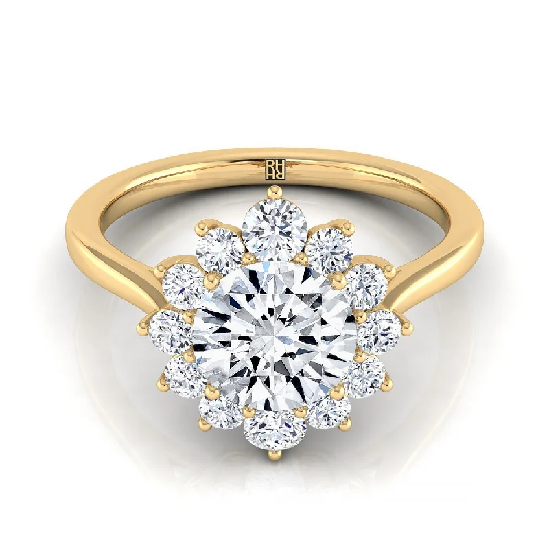 women’s rings with three-stone diamond settings-14K Yellow Gold Round Brilliant Diamond Floral Halo Engagement Ring -1/2ctw