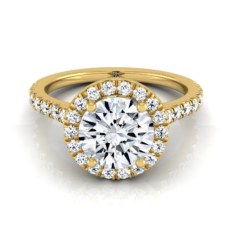 engagement rings with round diamonds and sapphire halos-14K Yellow Gold Round Brilliant Diamond Shared Prong Halo with French Pave Engagement Ring -3/8ctw