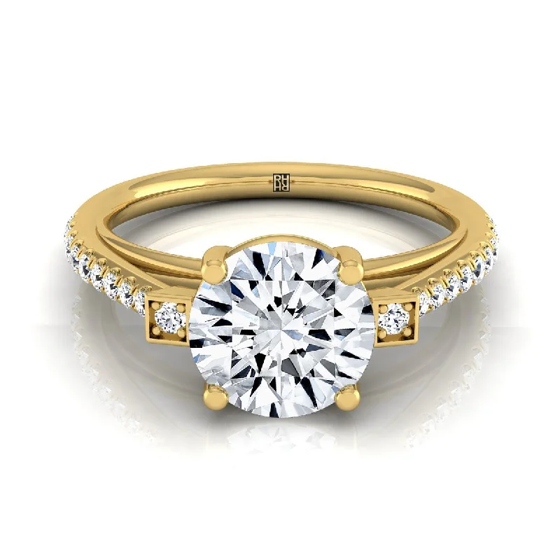 women’s rings with diamond and sapphire bands for engagement-14K Yellow Gold Round Brilliant Diamond Delicate Three Stone Pave Engagement Ring -1/3ctw