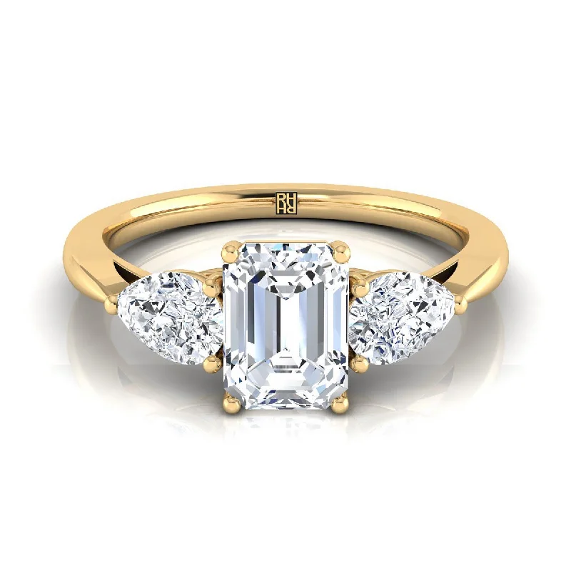 women’s engagement rings with oval sapphires and diamonds-14K Yellow Gold Emerald Cut Diamond Perfectly Matched Pear Shaped Three Diamond Engagement Ring -7/8ctw