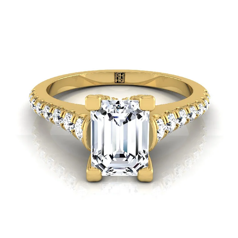 men’s wedding rings with custom-designed sapphires and diamonds-14K Yellow Gold Emerald Cut Diamond Pave Prong Linear Engagement Ring -1/2ctw