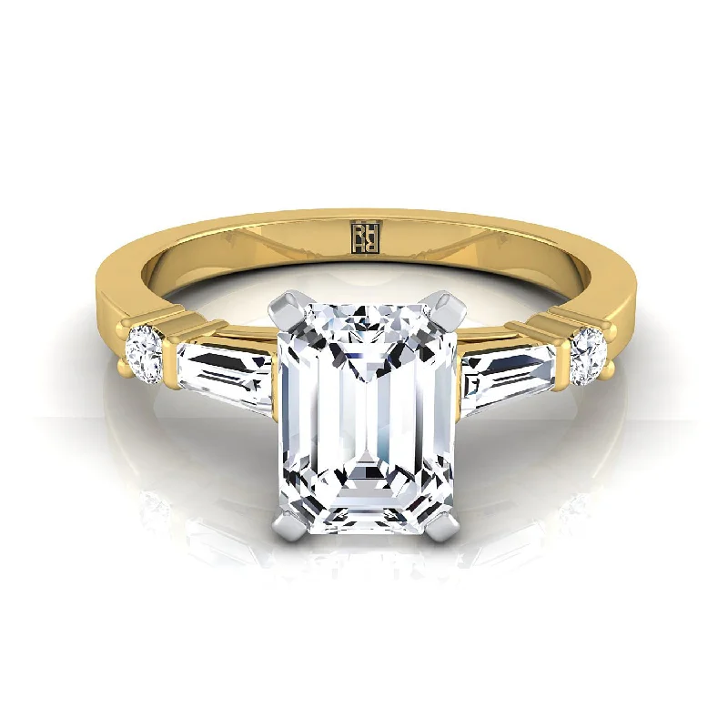 women’s wedding rings with emerald-cut sapphires and diamonds-14K Yellow Gold  Diamond Simple Baguette and Round Solitaire Engagement Ring -1/4ctw