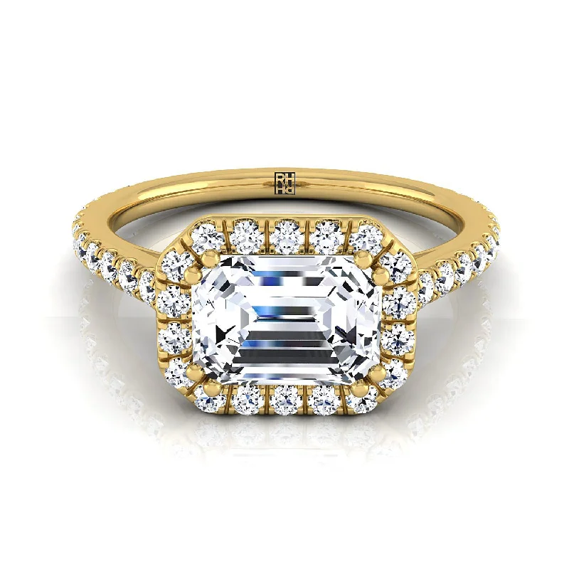 women’s rings with diamond pave settings and sapphires-14K Yellow Gold Emerald Cut Diamond Horizontal Fancy East West Halo Engagement Ring -1/2ctw