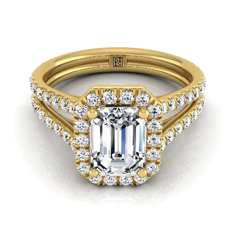 women’s rings with square diamonds and sapphire halos-14K Yellow Gold Emerald Cut Diamond Halo Two Row Pavé Split Shank Engagement Ring -7/8ctw