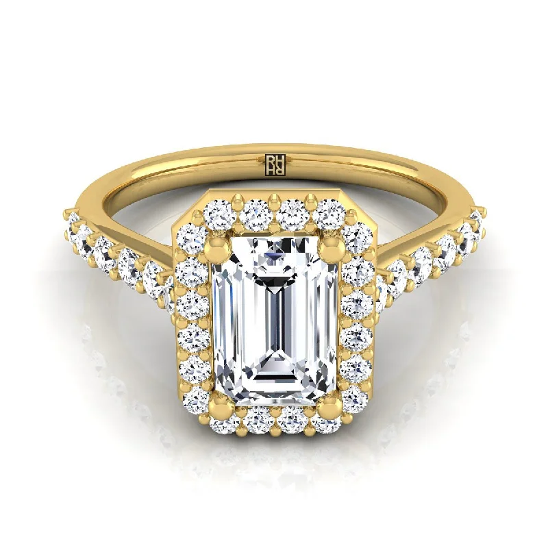 men’s wedding rings with brushed titanium and diamond pave-14K Yellow Gold Emerald Cut Diamond Shared Prong Halo with French Pave Engagement Ring -1/2ctw