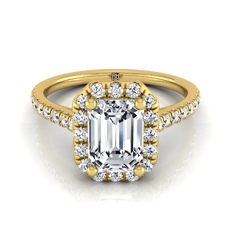 men’s wedding rings with black diamonds and rose gold-14K Yellow Gold Emerald Cut Classic French Pave Halo and Linear Engagement Ring -3/8ctw