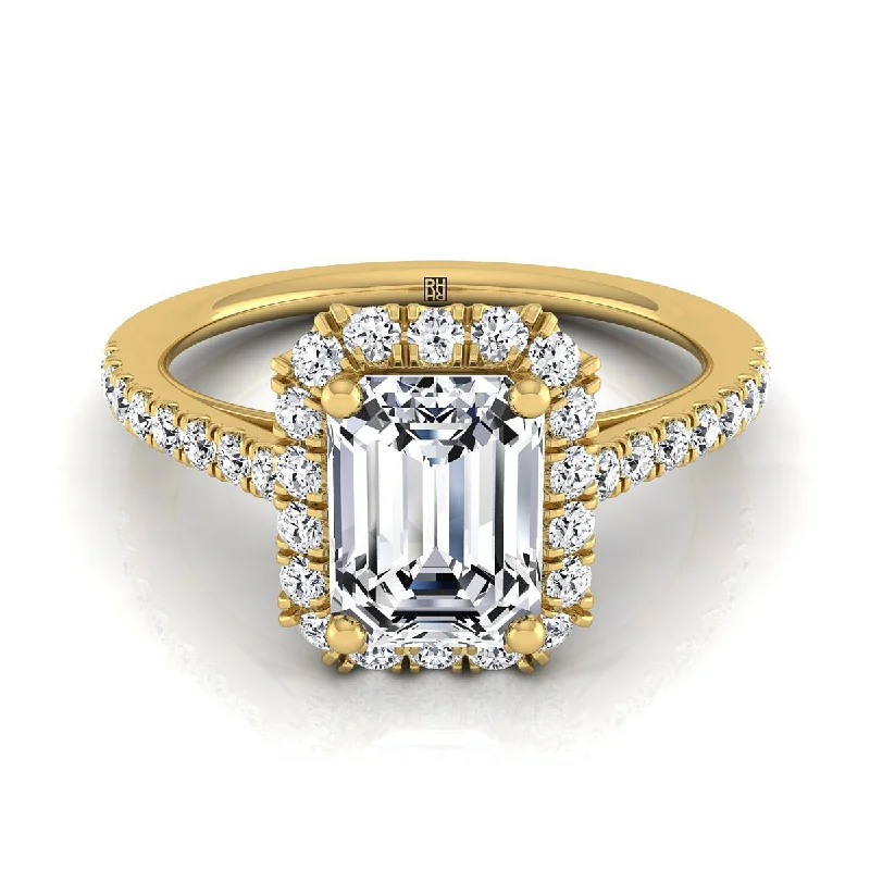 engagement rings with princess-cut diamonds and sapphire designs-14K Yellow Gold Emerald Cut Diamond Petite Halo French Pave Engagement Ring -3/8ctw