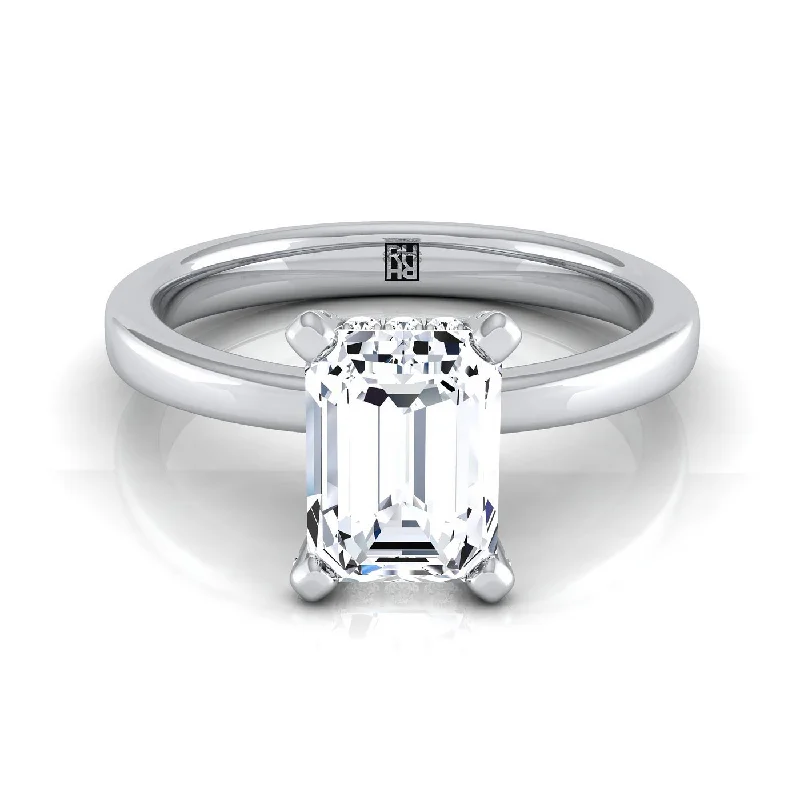 women’s engagement rings with round diamonds and emeralds-14K White Gold Emerald Cut Diamond Adorned Claws and Secret Halo Solitaire Engagement Ring -1/10ctw