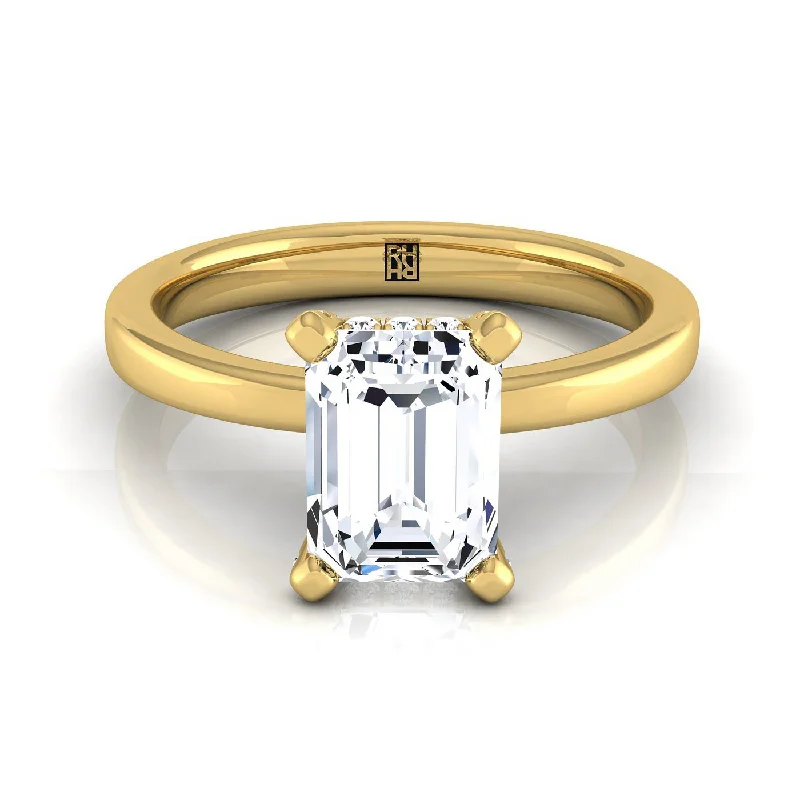 engagement rings with heart-shaped diamonds and rubies-14K Yellow Gold Emerald Cut Diamond Adorned Claws and Secret Halo Solitaire Engagement Ring -1/10ctw