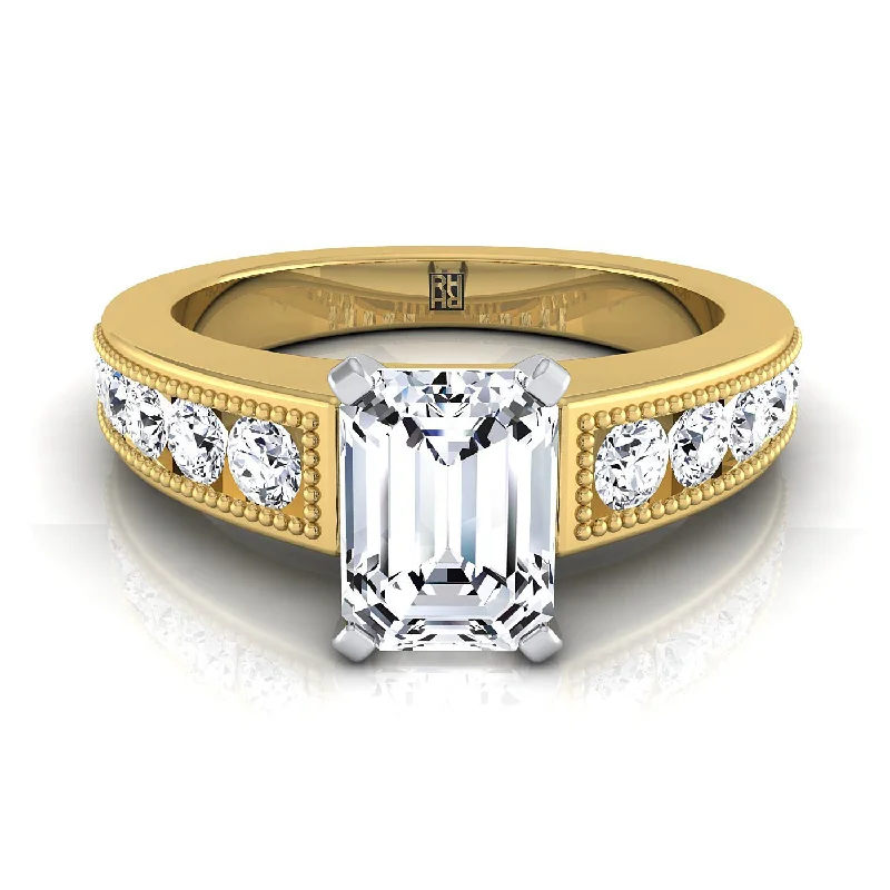 women’s wedding bands with large diamond center stones-14K Yellow Gold Emerald Cut Diamond Antique Milgrain Bead and Channel Set Engagement Ring -1/2ctw