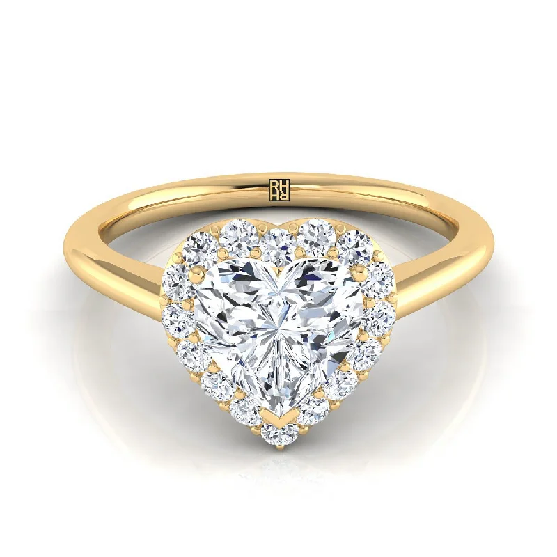 women’s wedding rings with cushion-cut sapphires and diamonds-14K Yellow Gold Heart Shape Center Diamond Shared Prong Halo Engagement Ring -1/5ctw