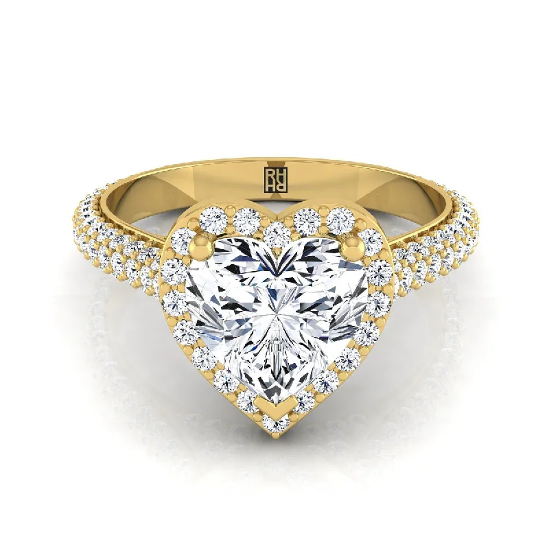 women’s rings with sapphire and diamond pave bands-14K Yellow Gold Heart Shape Center Diamond Micro-Pavé Halo Engagement Ring -7/8ctw