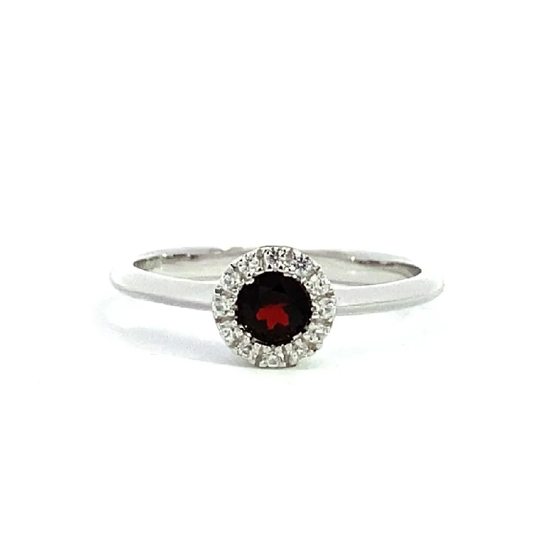 men’s wedding rings with brushed titanium and diamond pave-January Birthstone Ring: Sterling Silver Garnet Halo Ring