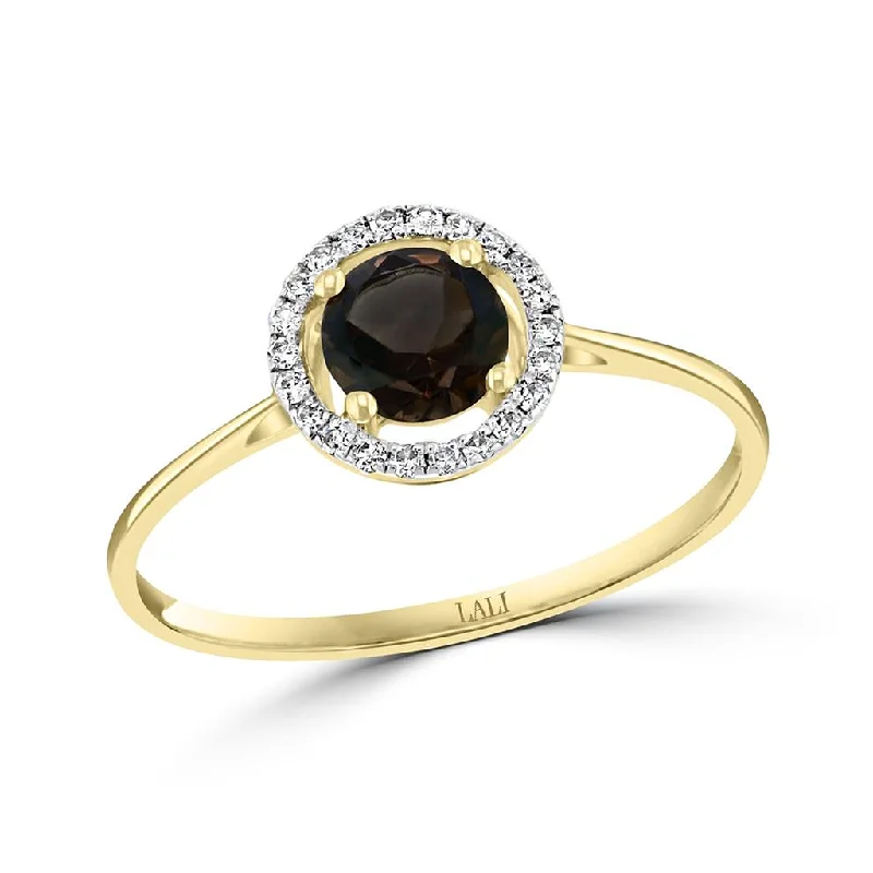 engagement rings with round sapphires and diamond pave-June Birthstone Rings: 14K Yellow Gold Diamond And Smoky Quartz Halo Ring