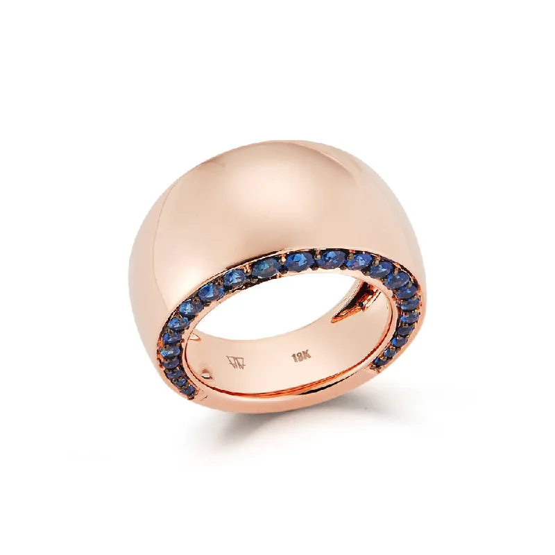 women’s rings with large emerald center stones and diamonds-LYTTON 18K BOMBE RING WITH BLUE SAPPHIRE EDGES