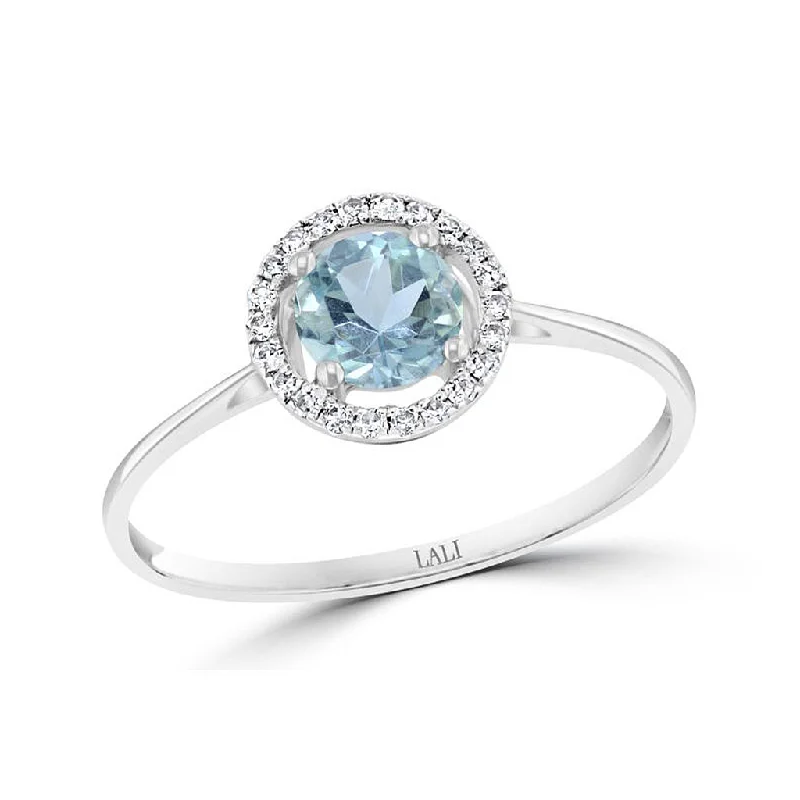 women’s wedding rings with antique diamonds and sapphires-March Birthstone Rings: 14K White Gold Diamond And Aquamarine Halo Ring