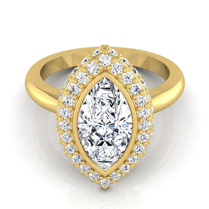 women’s rings with vintage-inspired designs and diamonds-14K Yellow Gold Marquise  Bezel Pave 3D Halo Solitaire Engagement Ring