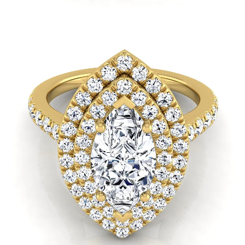 custom engagement rings with multi-stone settings-14K Yellow Gold Marquise  Double Pave Halo with Linear Diamond Engagement Ring -7/8ctw