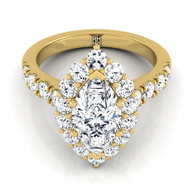 men’s engagement rings with square sapphires and diamonds-14K Yellow Gold Marquise  Diamond Luxe Style French Pave Halo Engagement Ring -1-1/10ctw