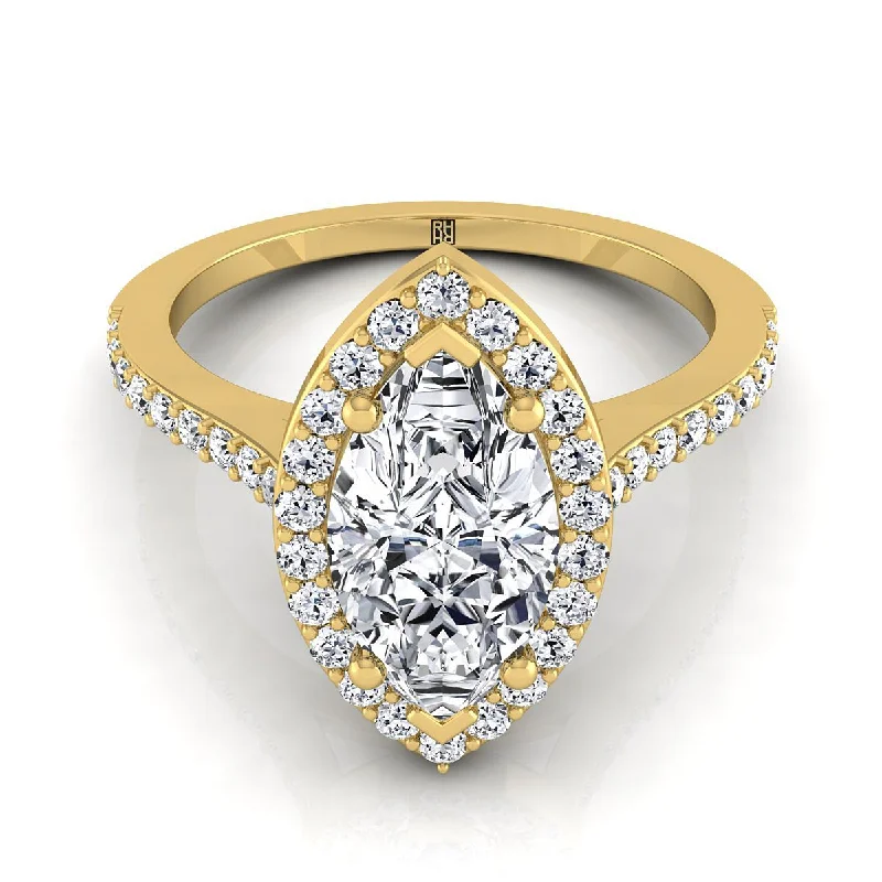 women’s engagement rings with vintage diamonds and sapphires-14K Yellow Gold Marquise  Classic French Pave Diamond Halo and Linear Engagement Ring -1/3ctw