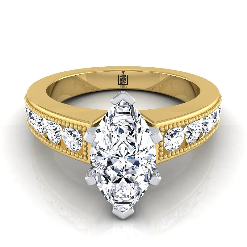 engagement rings with cushion-cut sapphires and diamonds-14K Yellow Gold Marquise  Diamond Antique Milgrain Bead and Channel Set Engagement Ring -1/2ctw