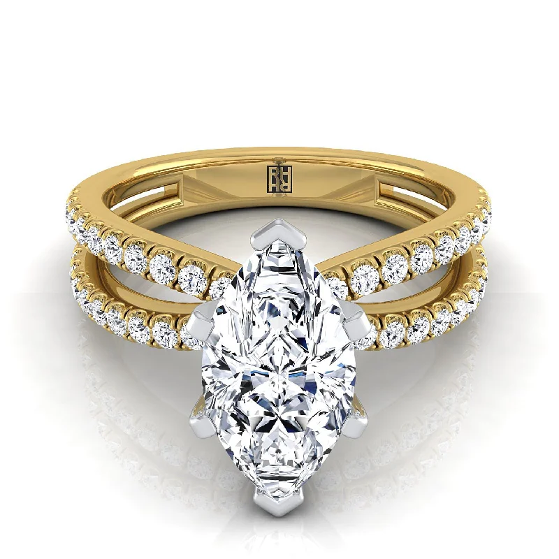 women’s engagement rings with emerald-cut sapphires-14K Yellow Gold Marquise  Diamond Two Row Pavé Split Shank Engagement Ring -1/3ctw