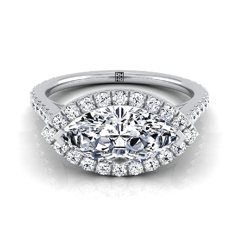 women’s engagement rings with radiant diamonds-14K White Gold Marquise  Diamond Horizontal Fancy East West Halo Engagement Ring -1/2ctw