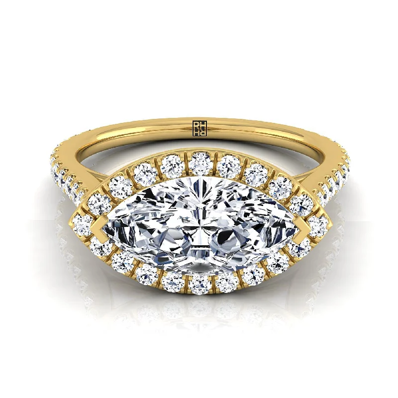 engagement rings with sapphire bands and diamonds-14K Yellow Gold Marquise  Diamond Horizontal Fancy East West Halo Engagement Ring -1/2ctw